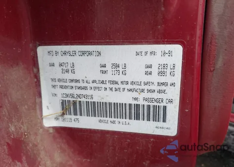 1992 Chrysler Imperial from USA, damaged, VIN 1C3XV56L2ND743116